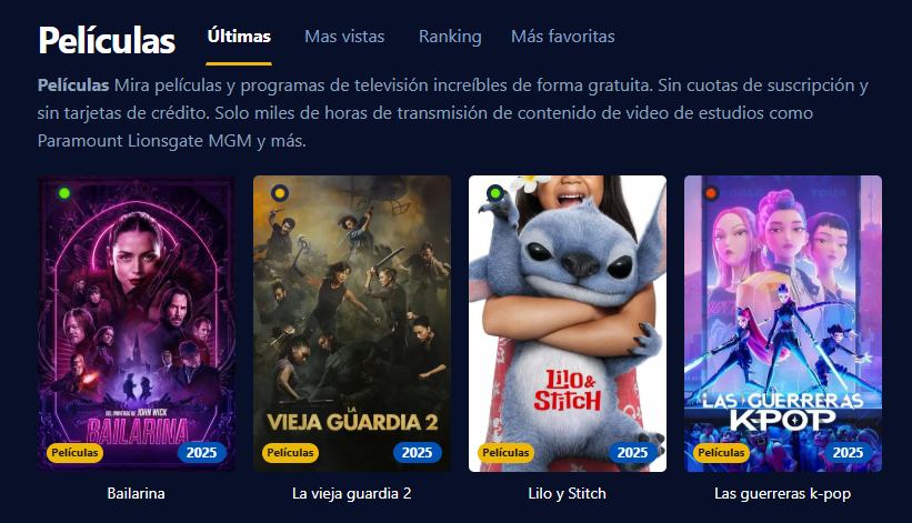 Captura de pantalla de la interfaz de usuario de StreamM4U mostrando películas y series en alta definición y sin necesidad de registro.